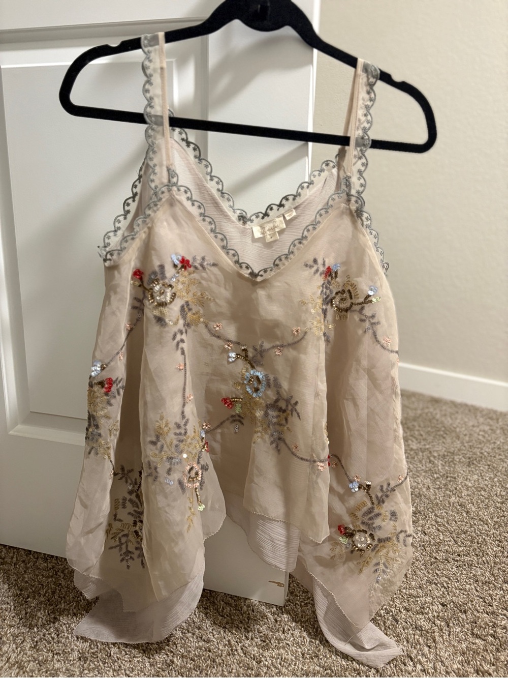 Anthropologie Beige Embroidered Scallop-Trim Tank